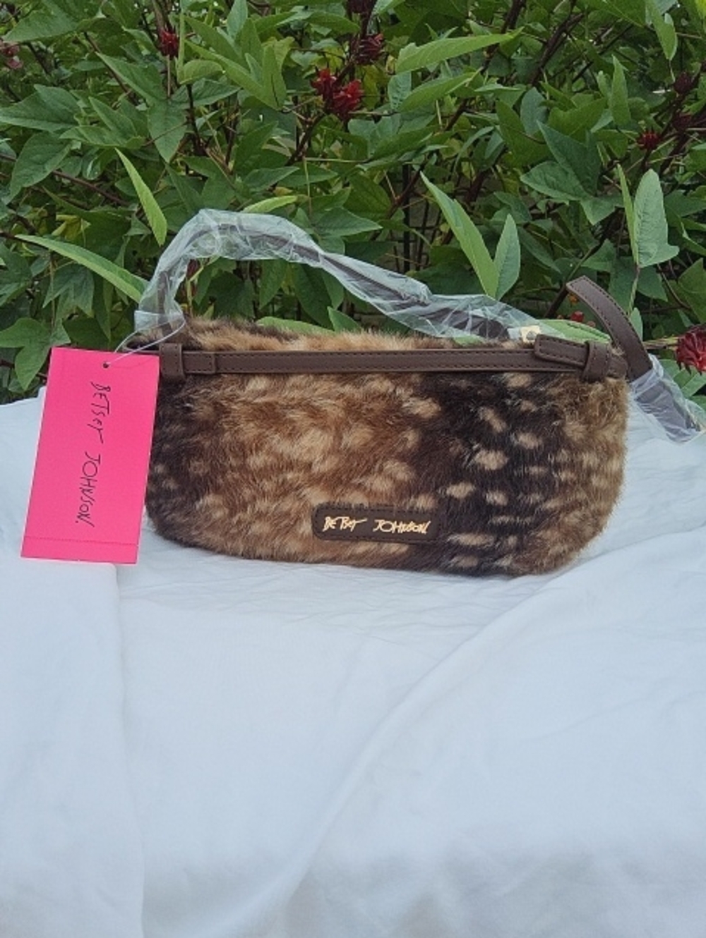 Betsey Johnson Brown Faux Fur Baguette Clutch with Gold Nameplate